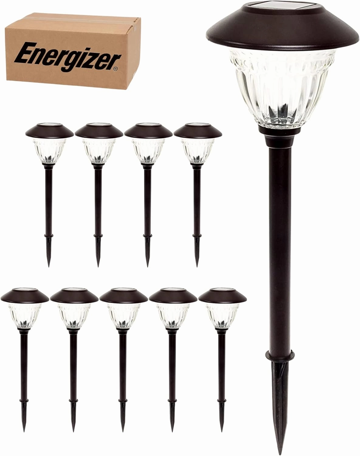 Energizer LED Solar Pathway Lights - 10 Pack of [Bronze] Outdoor Solar Lights - IP65 Waterproof w/Auto On/Off - Patterned Glass and Metal Construction Coated in Bronze