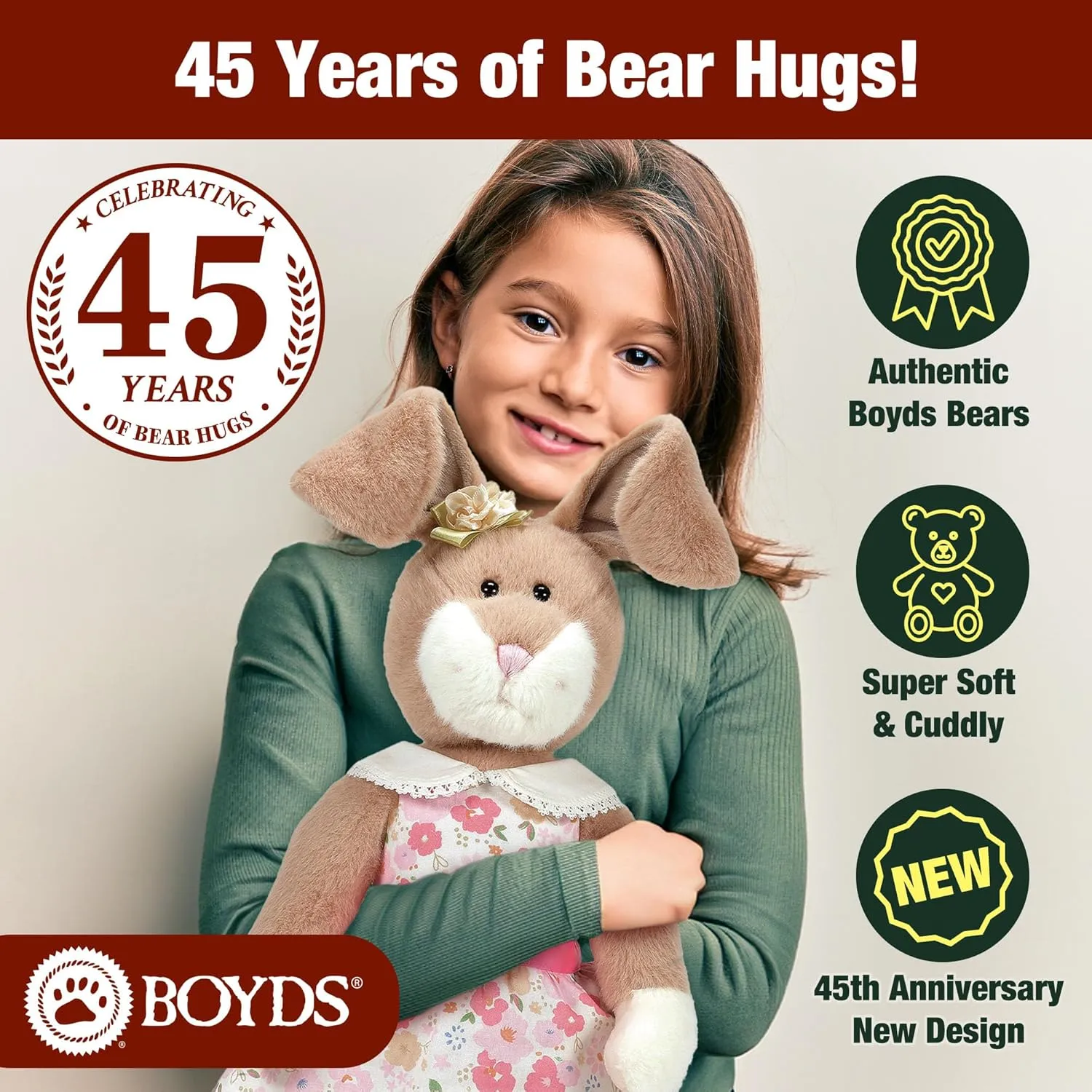 Enesco Boyds Bears 45th Anniversary Hunny Hopplebuns Bunny Plush Teddy Bear Stuffed Animals, Collectible Premium Soft Teddy Bear Plushies for Ages 1  and Up, Tan, 18.5 Inch