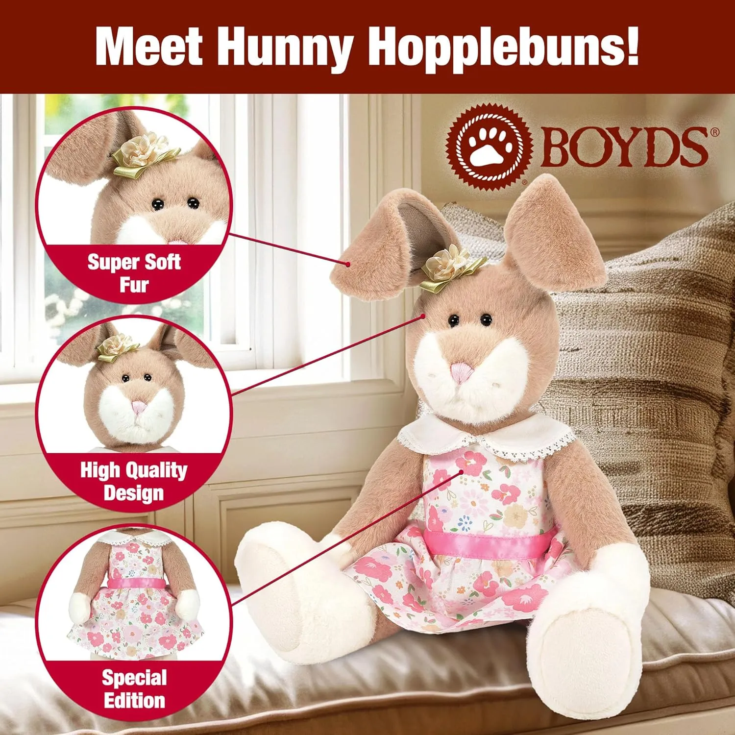 Enesco Boyds Bears 45th Anniversary Hunny Hopplebuns Bunny Plush Teddy Bear Stuffed Animals, Collectible Premium Soft Teddy Bear Plushies for Ages 1  and Up, Tan, 18.5 Inch