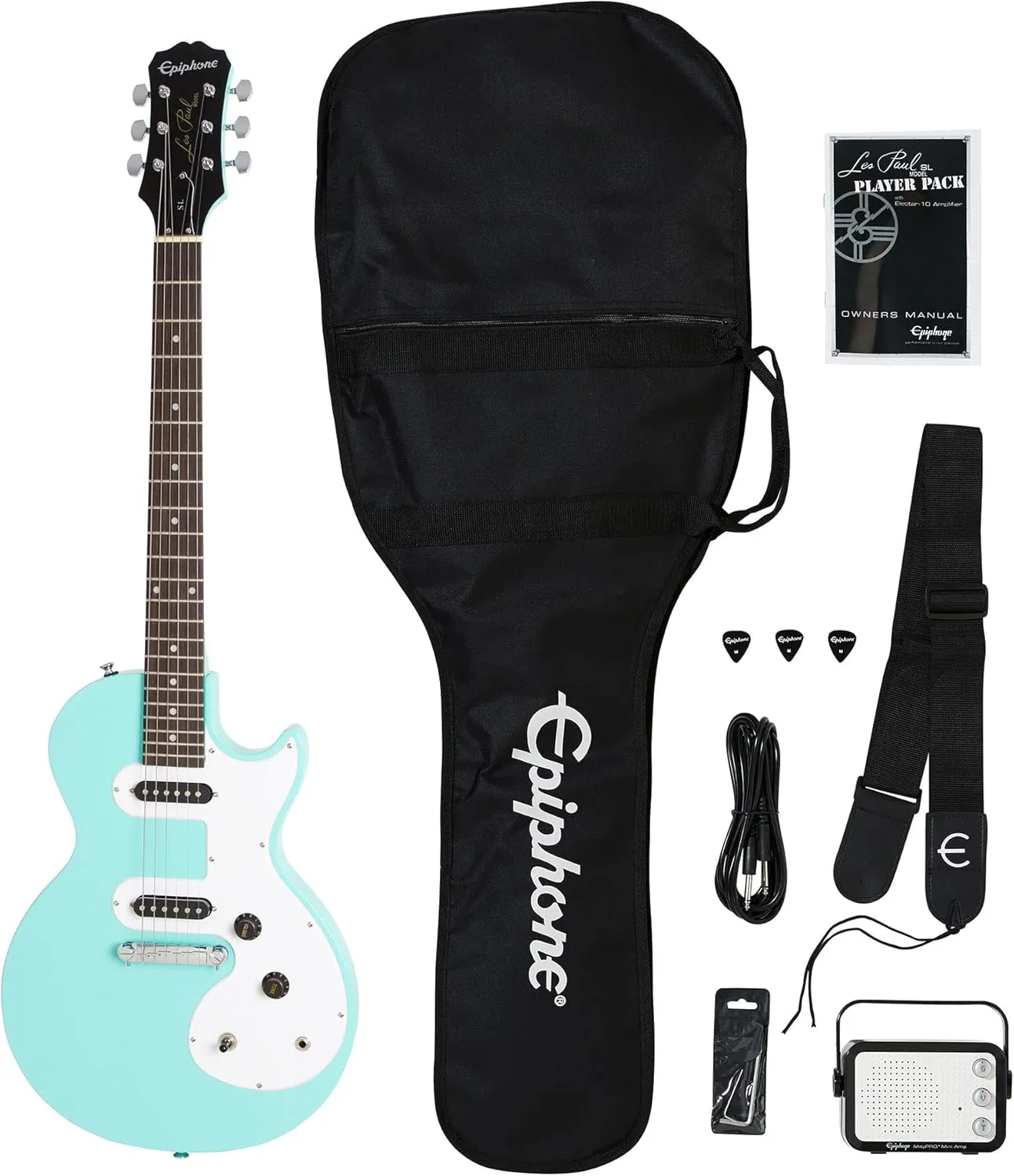 Epiphone Les Paul Melody Maker Starter Pack | Includes Mini Amp, Gigbag, Tuner, Picks, and Strap - Turquoise