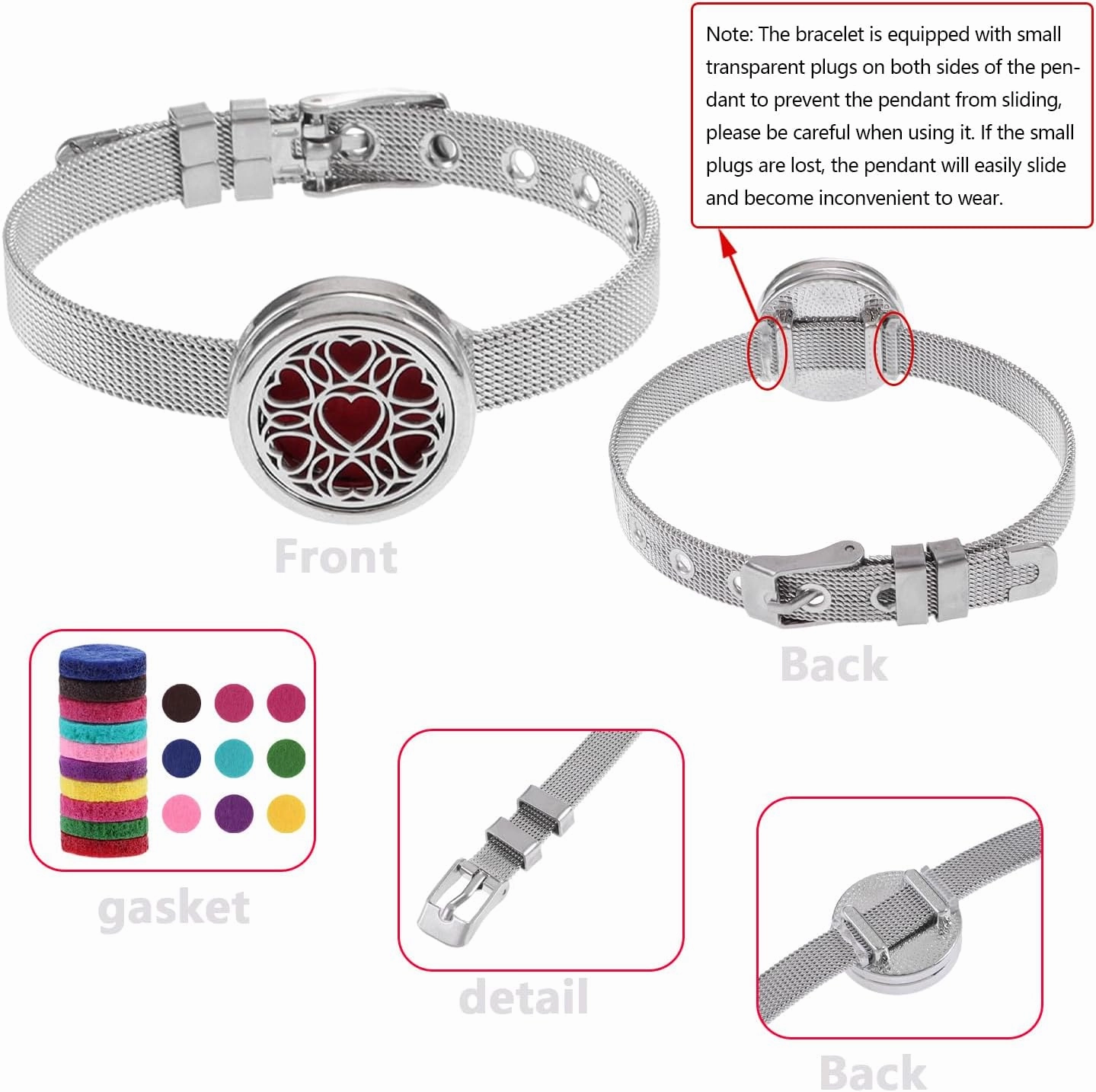 Essential Oil Diffuser Bracelet Aromatherapy Locket Adjustable Bracelet Stainless Steel Heart Watch Chain Bracelet with 10 Pcs Refill Pads for Women