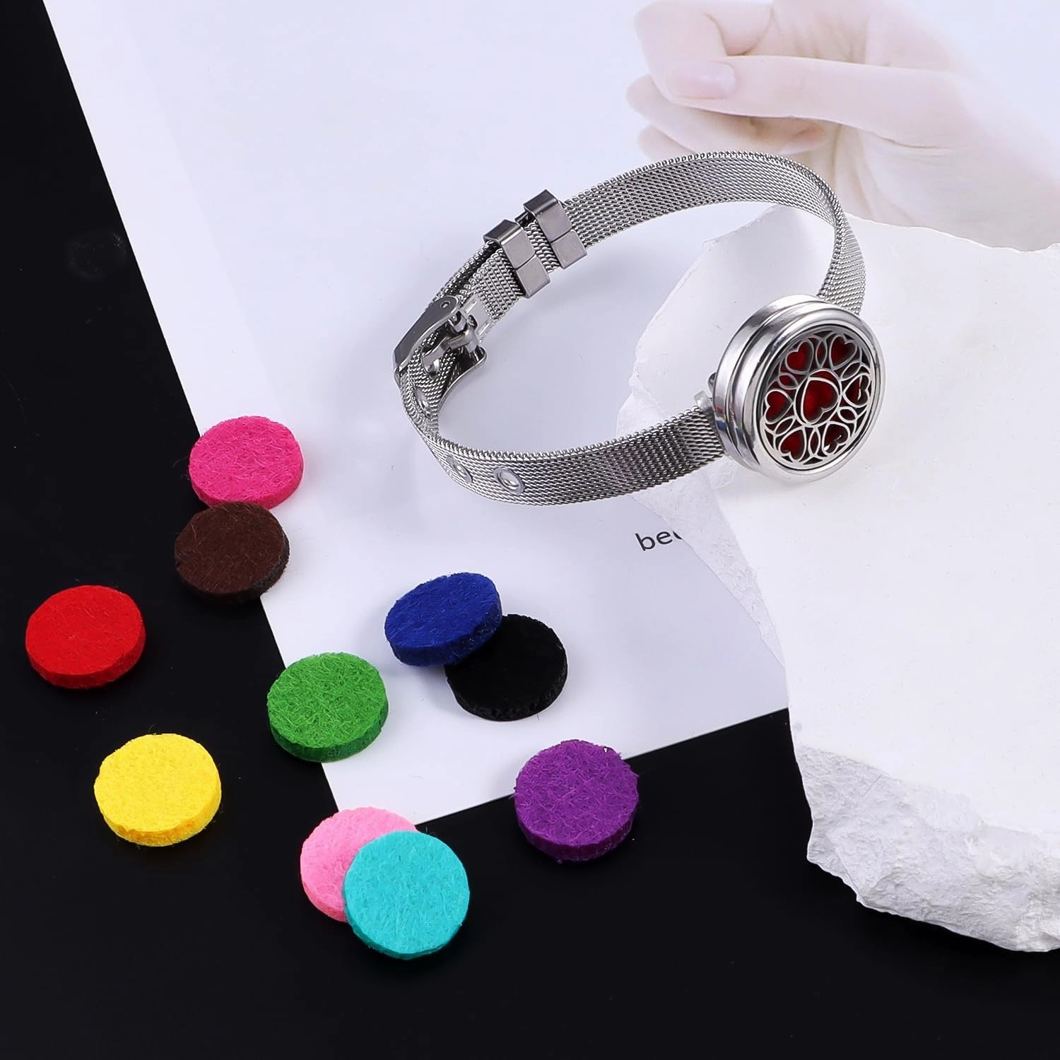 Essential Oil Diffuser Bracelet Aromatherapy Locket Adjustable Bracelet Stainless Steel Heart Watch Chain Bracelet with 10 Pcs Refill Pads for Women