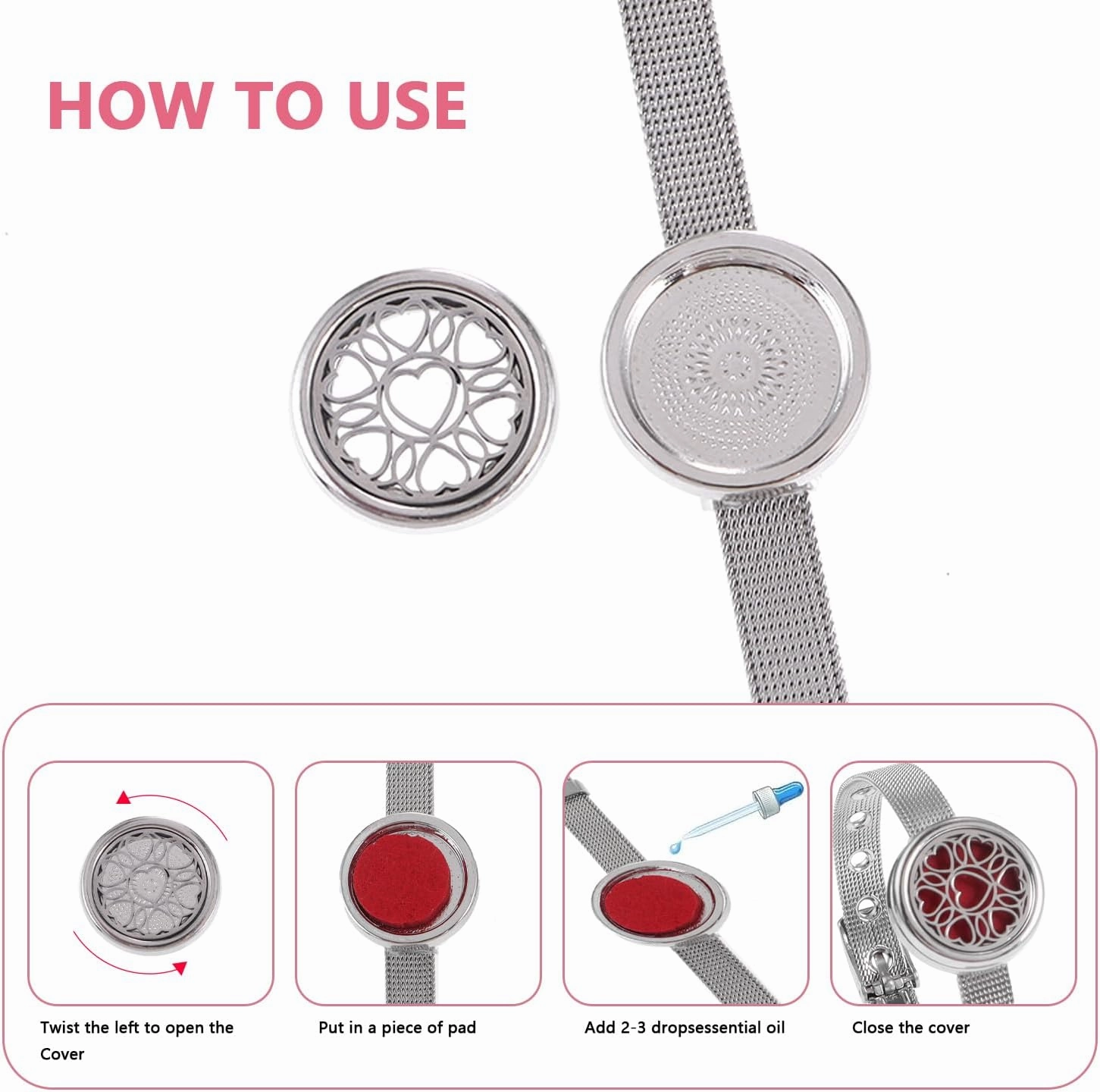Essential Oil Diffuser Bracelet Aromatherapy Locket Adjustable Bracelet Stainless Steel Heart Watch Chain Bracelet with 10 Pcs Refill Pads for Women