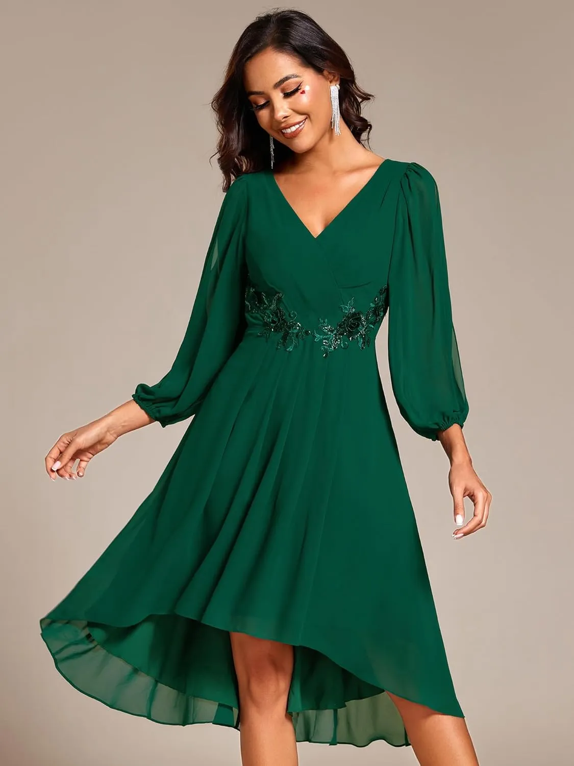 Ever-Pretty Women’s Chiffon Lantern Long Sleeves Pleated Appliqued Empire Waist Midi Length Semi Formal Dresses 02926