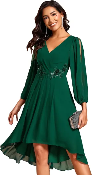 Ever-Pretty Women’s Chiffon Lantern Long Sleeves Pleated Appliqued Empire Waist Midi Length Semi Formal Dresses 02926