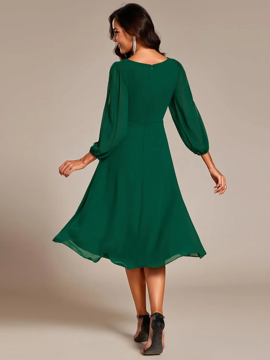 Ever-Pretty Women’s Chiffon Lantern Long Sleeves Pleated Appliqued Empire Waist Midi Length Semi Formal Dresses 02926