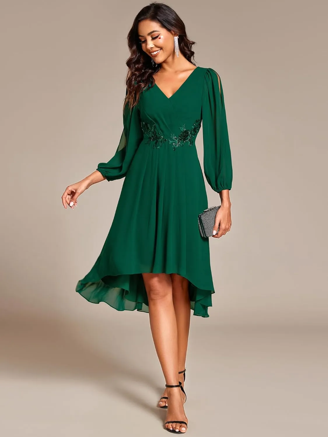 Ever-Pretty Women’s Chiffon Lantern Long Sleeves Pleated Appliqued Empire Waist Midi Length Semi Formal Dresses 02926