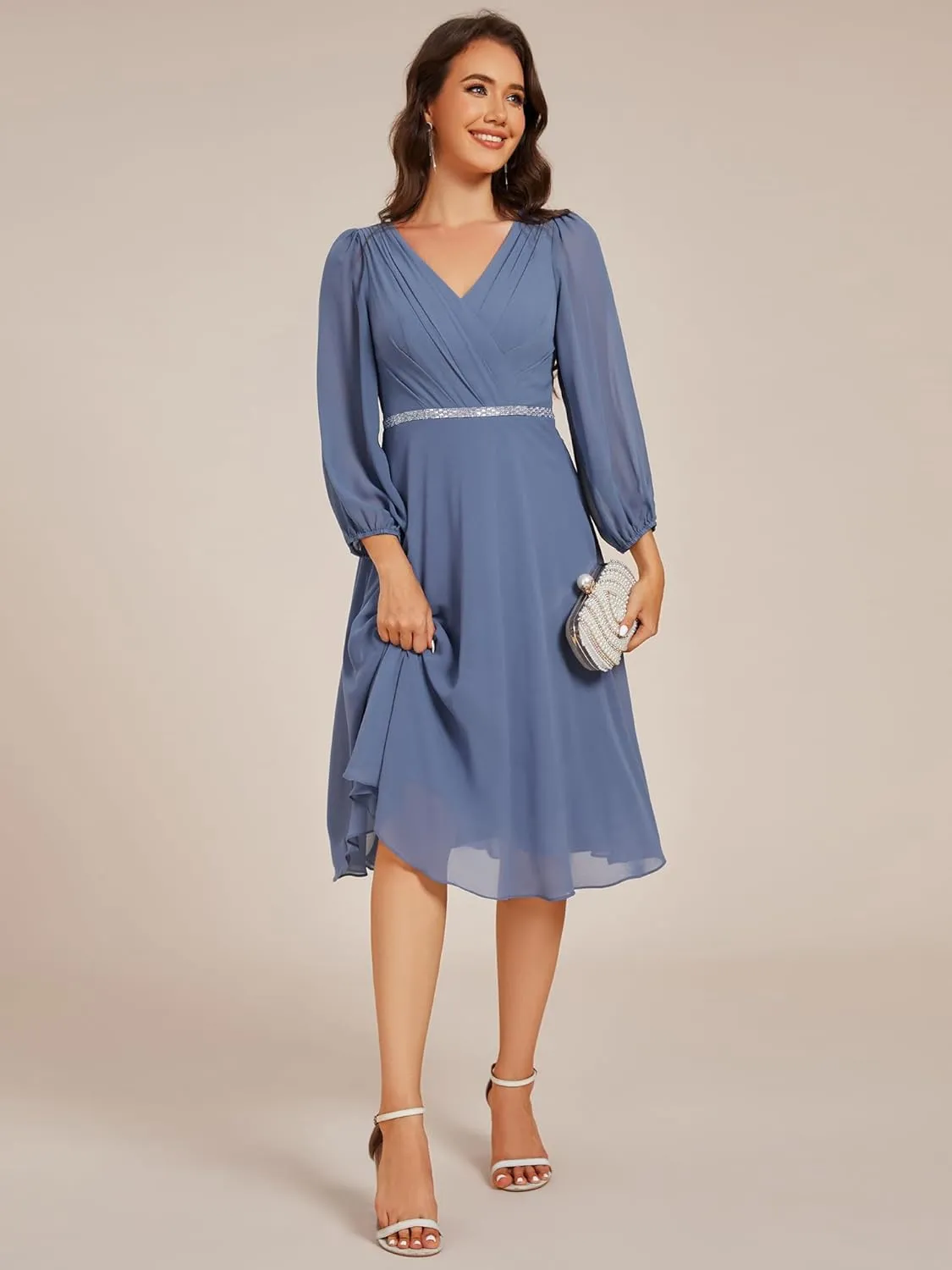Ever-Pretty Women's V Neck Chiffon Beading Pleated Midi Length Long Sleeves Formal Wedding Guest Dresses 31981