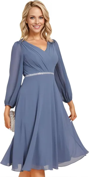 Ever-Pretty Women's V Neck Chiffon Beading Pleated Midi Length Long Sleeves Formal Wedding Guest Dresses 31981