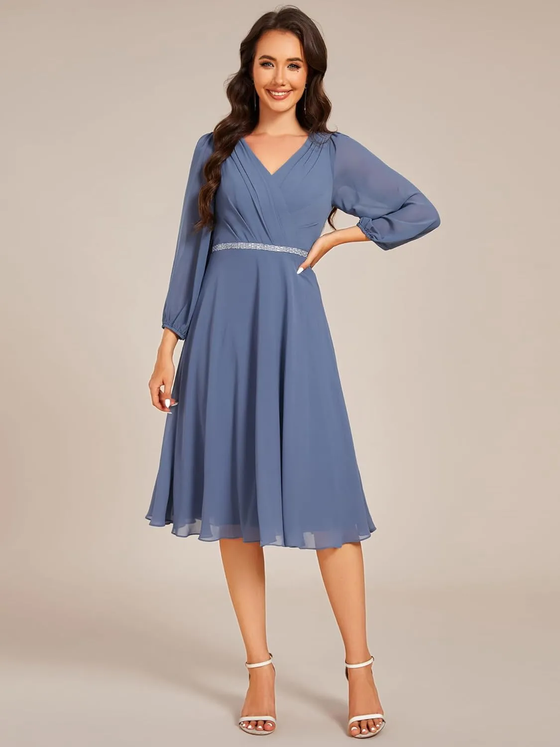Ever-Pretty Women's V Neck Chiffon Beading Pleated Midi Length Long Sleeves Formal Wedding Guest Dresses 31981