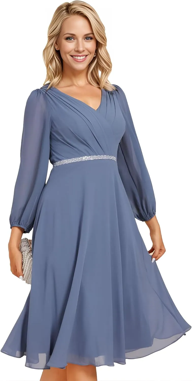 Ever-Pretty Women's V Neck Chiffon Beading Pleated Midi Length Long Sleeves Formal Wedding Guest Dresses 31981