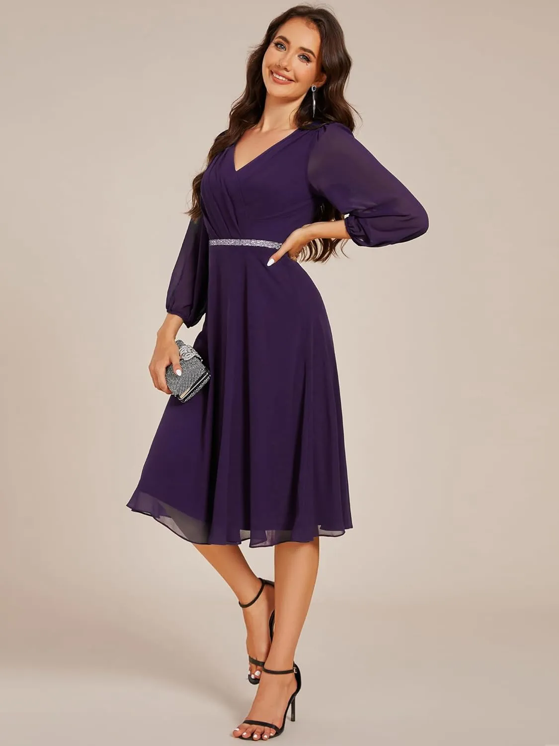 Ever-Pretty Women's V Neck Chiffon Beading Pleated Midi Length Long Sleeves Formal Wedding Guest Dresses 31981