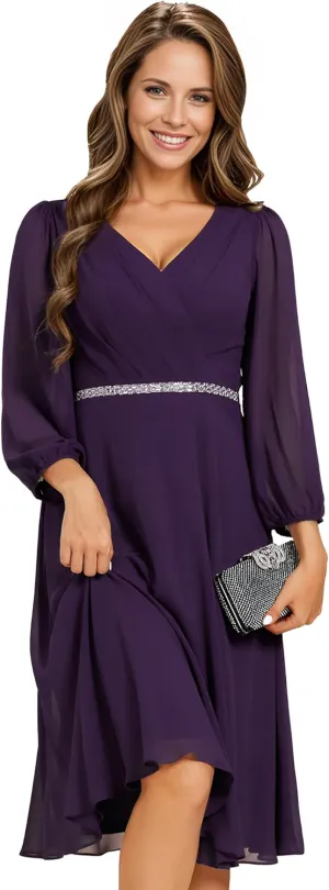 Ever-Pretty Women's V Neck Chiffon Beading Pleated Midi Length Long Sleeves Formal Wedding Guest Dresses 31981
