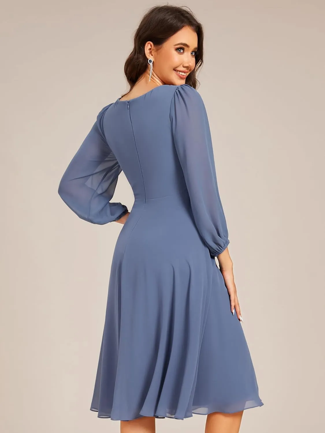 Ever-Pretty Women's V Neck Chiffon Beading Pleated Midi Length Long Sleeves Formal Wedding Guest Dresses 31981