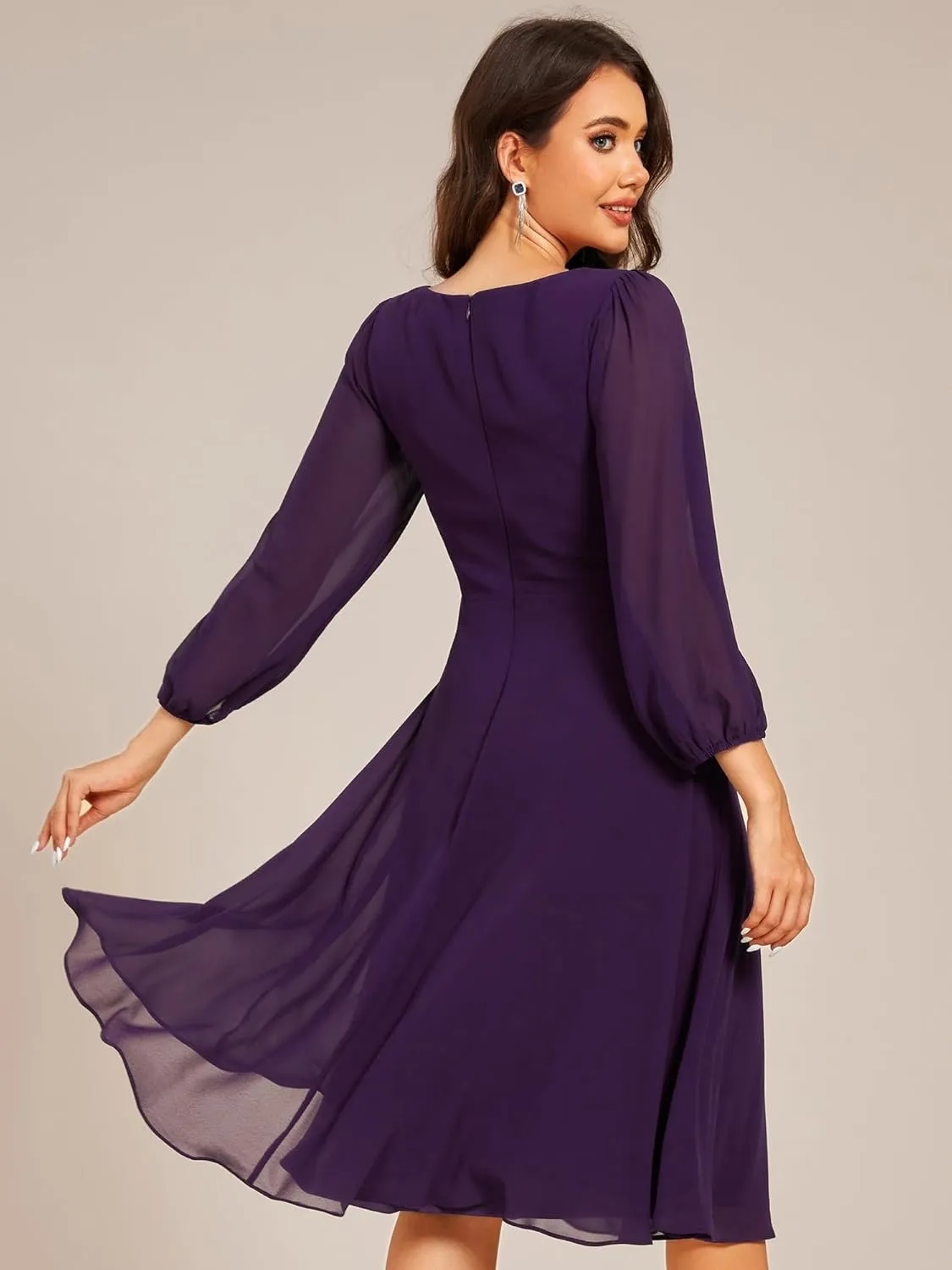 Ever-Pretty Women's V Neck Chiffon Beading Pleated Midi Length Long Sleeves Formal Wedding Guest Dresses 31981