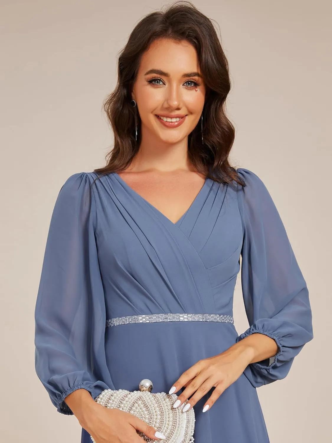 Ever-Pretty Women's V Neck Chiffon Beading Pleated Midi Length Long Sleeves Formal Wedding Guest Dresses 31981