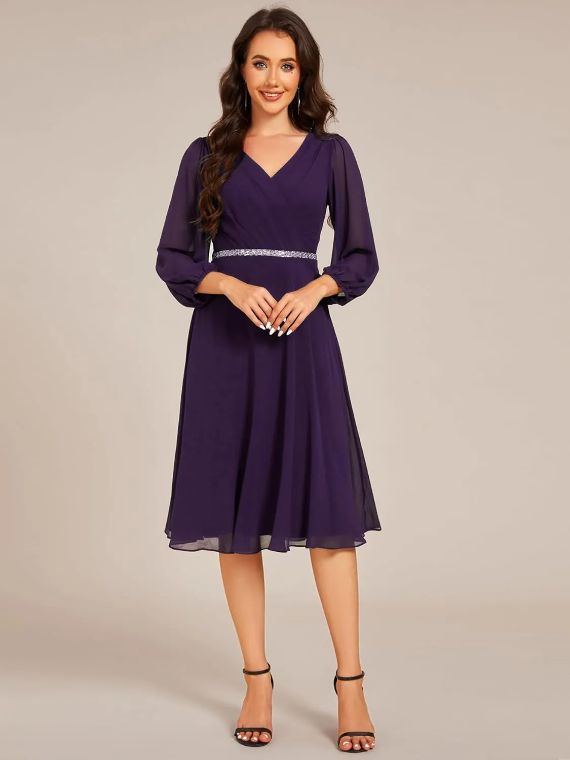 Ever-Pretty Women's V Neck Chiffon Beading Pleated Midi Length Long Sleeves Formal Wedding Guest Dresses 31981