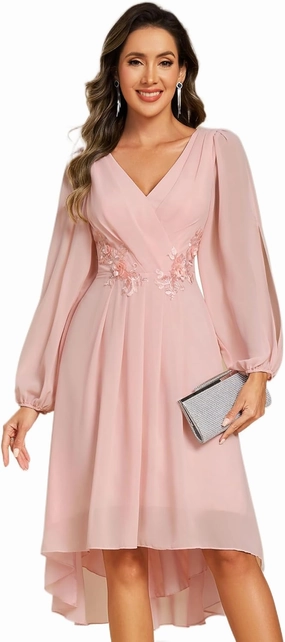 Ever-Pretty Women’s Chiffon Lantern Long Sleeves Pleated Appliqued Empire Waist Midi Length Semi Formal Dresses 02926