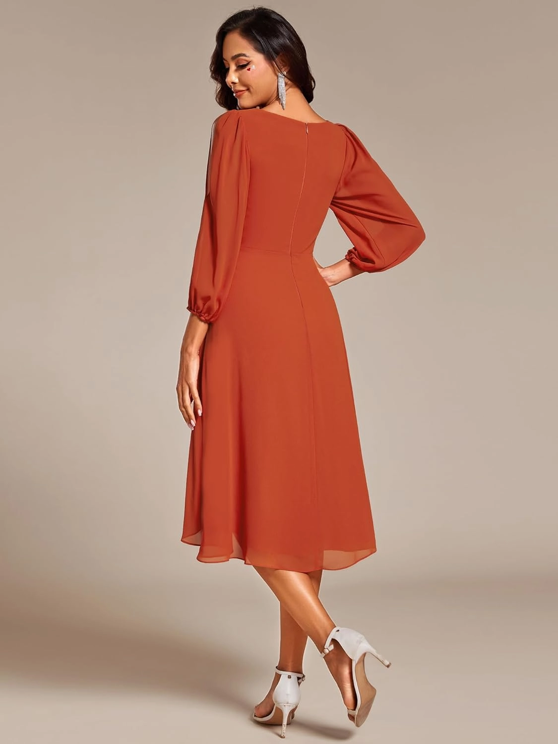 Ever-Pretty Women’s Chiffon Lantern Long Sleeves Pleated Appliqued Empire Waist Midi Length Semi Formal Dresses 02926