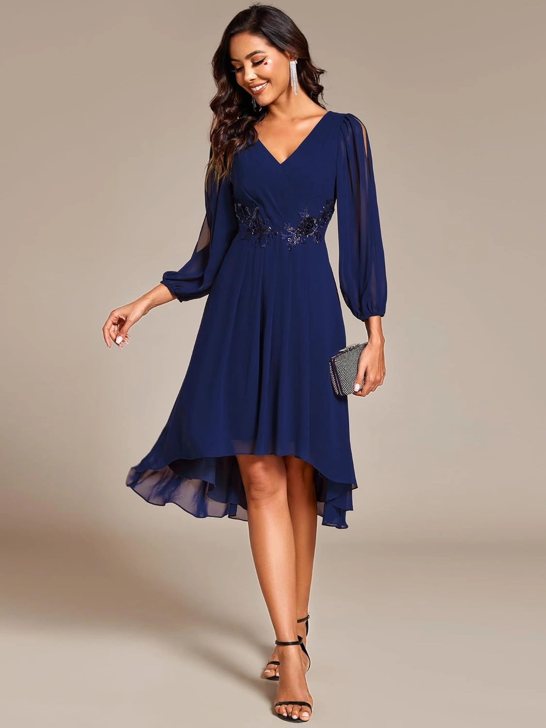 Ever-Pretty Women’s Chiffon Lantern Long Sleeves Pleated Appliqued Empire Waist Midi Length Semi Formal Dresses 02926