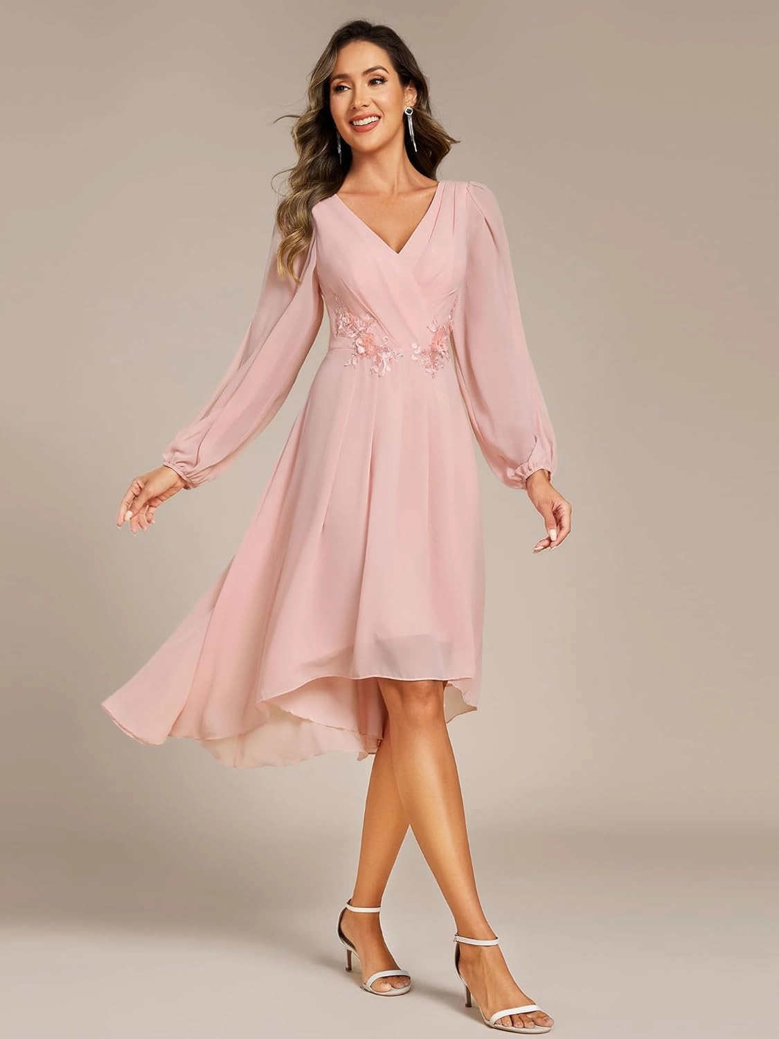 Ever-Pretty Women’s Chiffon Lantern Long Sleeves Pleated Appliqued Empire Waist Midi Length Semi Formal Dresses 02926