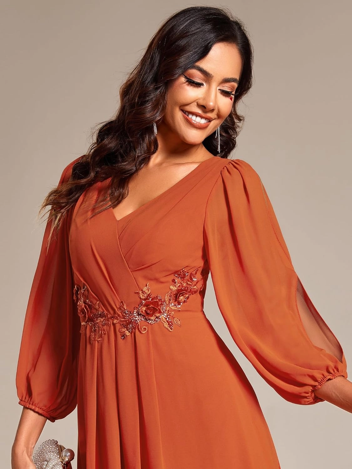 Ever-Pretty Women’s Chiffon Lantern Long Sleeves Pleated Appliqued Empire Waist Midi Length Semi Formal Dresses 02926