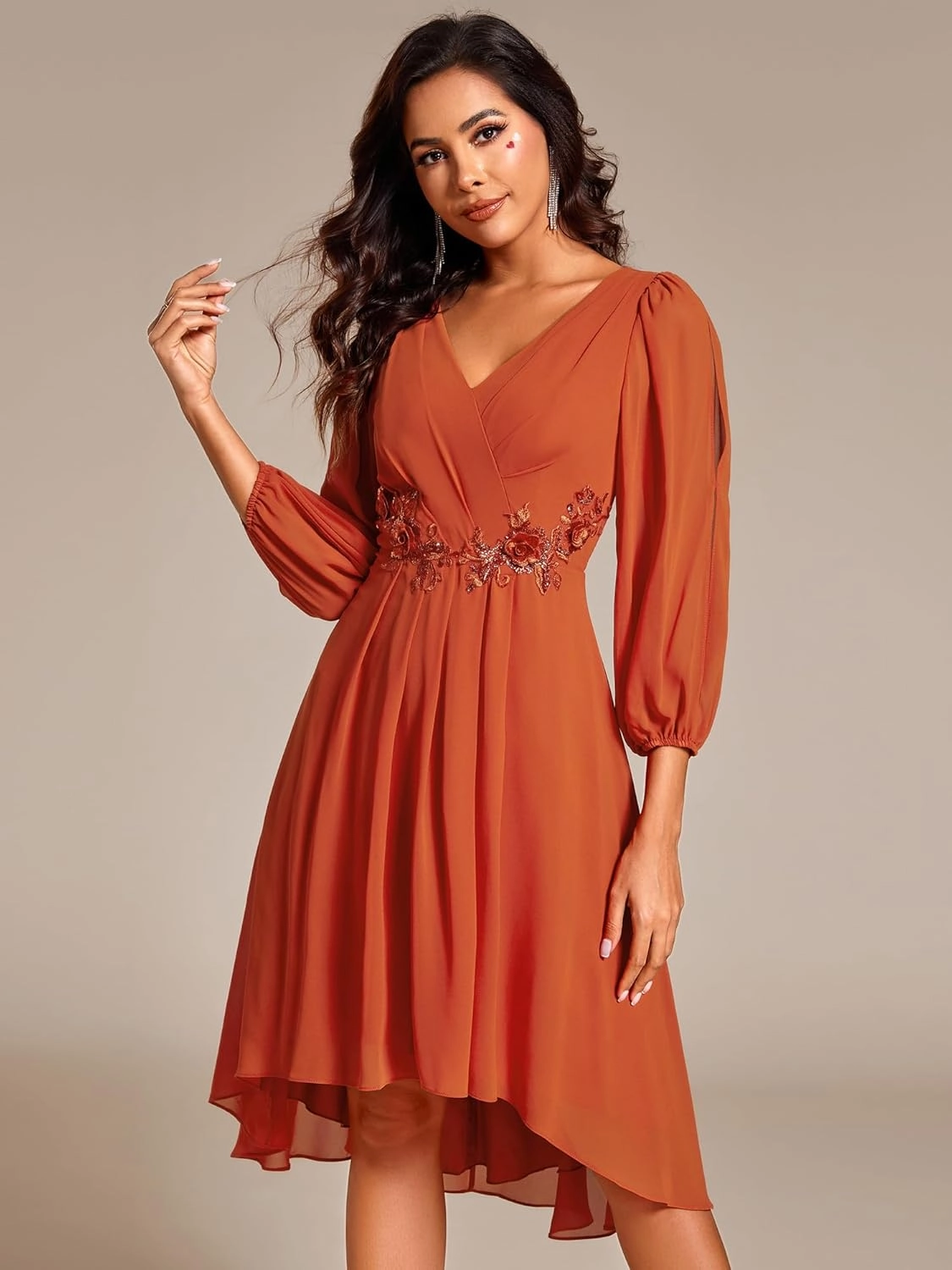 Ever-Pretty Women’s Chiffon Lantern Long Sleeves Pleated Appliqued Empire Waist Midi Length Semi Formal Dresses 02926