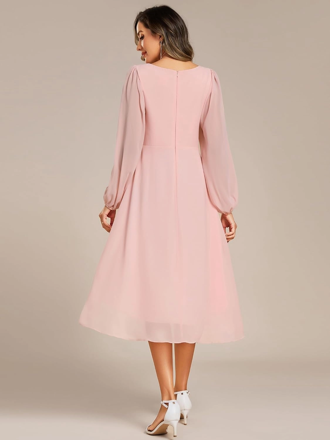Ever-Pretty Women’s Chiffon Lantern Long Sleeves Pleated Appliqued Empire Waist Midi Length Semi Formal Dresses 02926