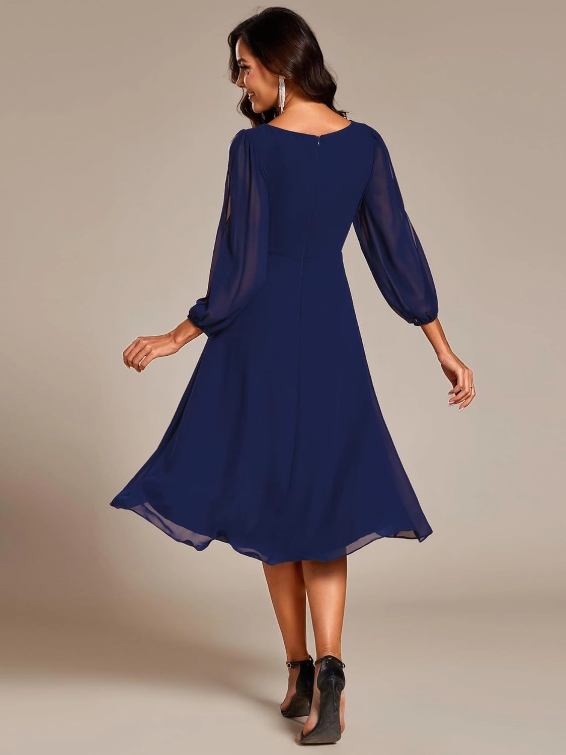 Ever-Pretty Women’s Chiffon Lantern Long Sleeves Pleated Appliqued Empire Waist Midi Length Semi Formal Dresses 02926