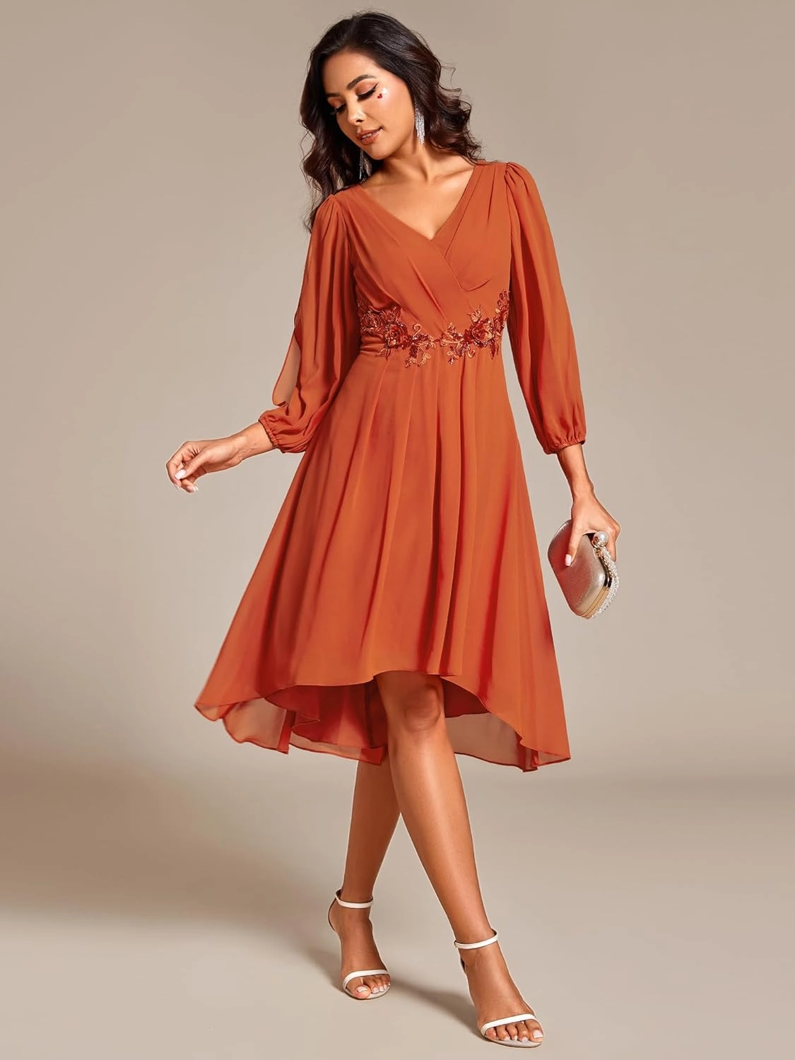 Ever-Pretty Women’s Chiffon Lantern Long Sleeves Pleated Appliqued Empire Waist Midi Length Semi Formal Dresses 02926