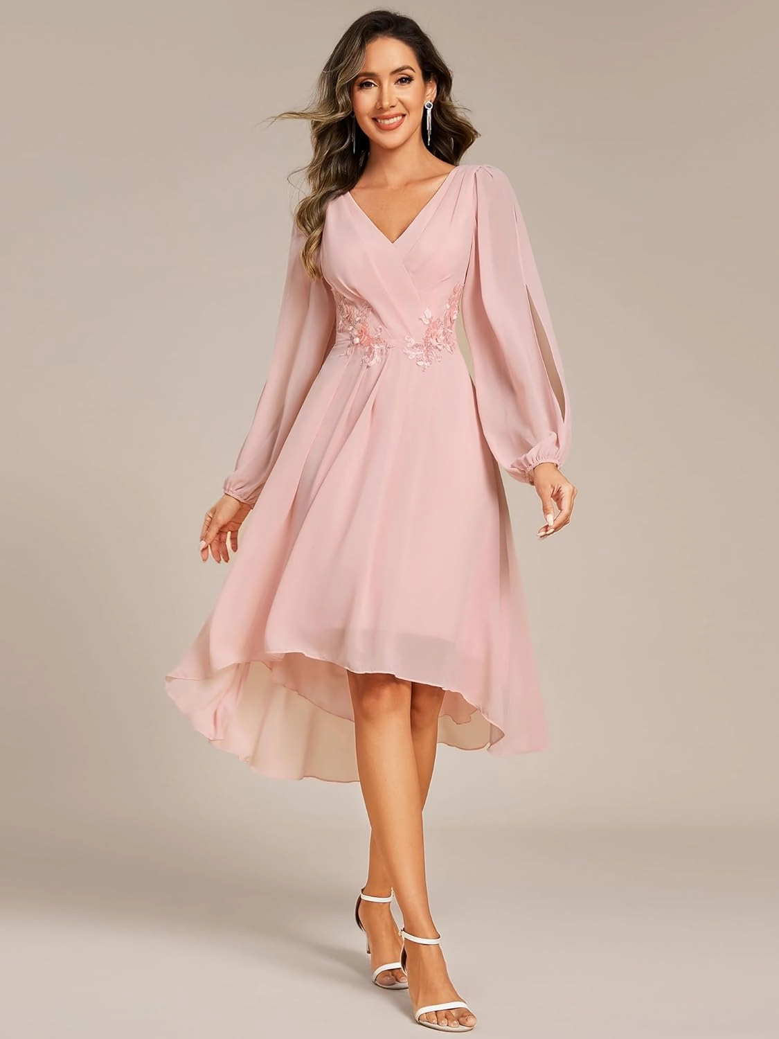 Ever-Pretty Women’s Chiffon Lantern Long Sleeves Pleated Appliqued Empire Waist Midi Length Semi Formal Dresses 02926
