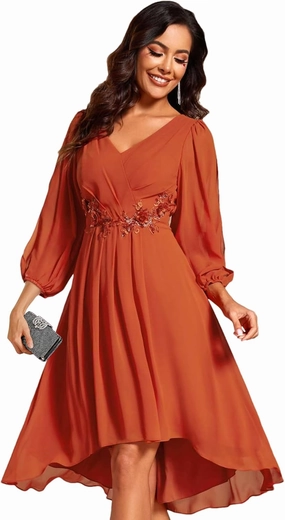 Ever-Pretty Women’s Chiffon Lantern Long Sleeves Pleated Appliqued Empire Waist Midi Length Semi Formal Dresses 02926