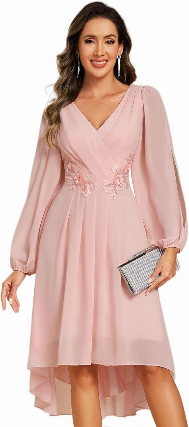 Ever-Pretty Women’s Chiffon Lantern Long Sleeves Pleated Appliqued Empire Waist Midi Length Semi Formal Dresses 02926