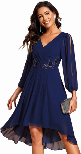 Ever-Pretty Women’s Chiffon Lantern Long Sleeves Pleated Appliqued Empire Waist Midi Length Semi Formal Dresses 02926