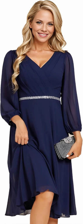 Ever-Pretty Women's V Neck Chiffon Beading Pleated Midi Length Long Sleeves Formal Wedding Guest Dresses 31981