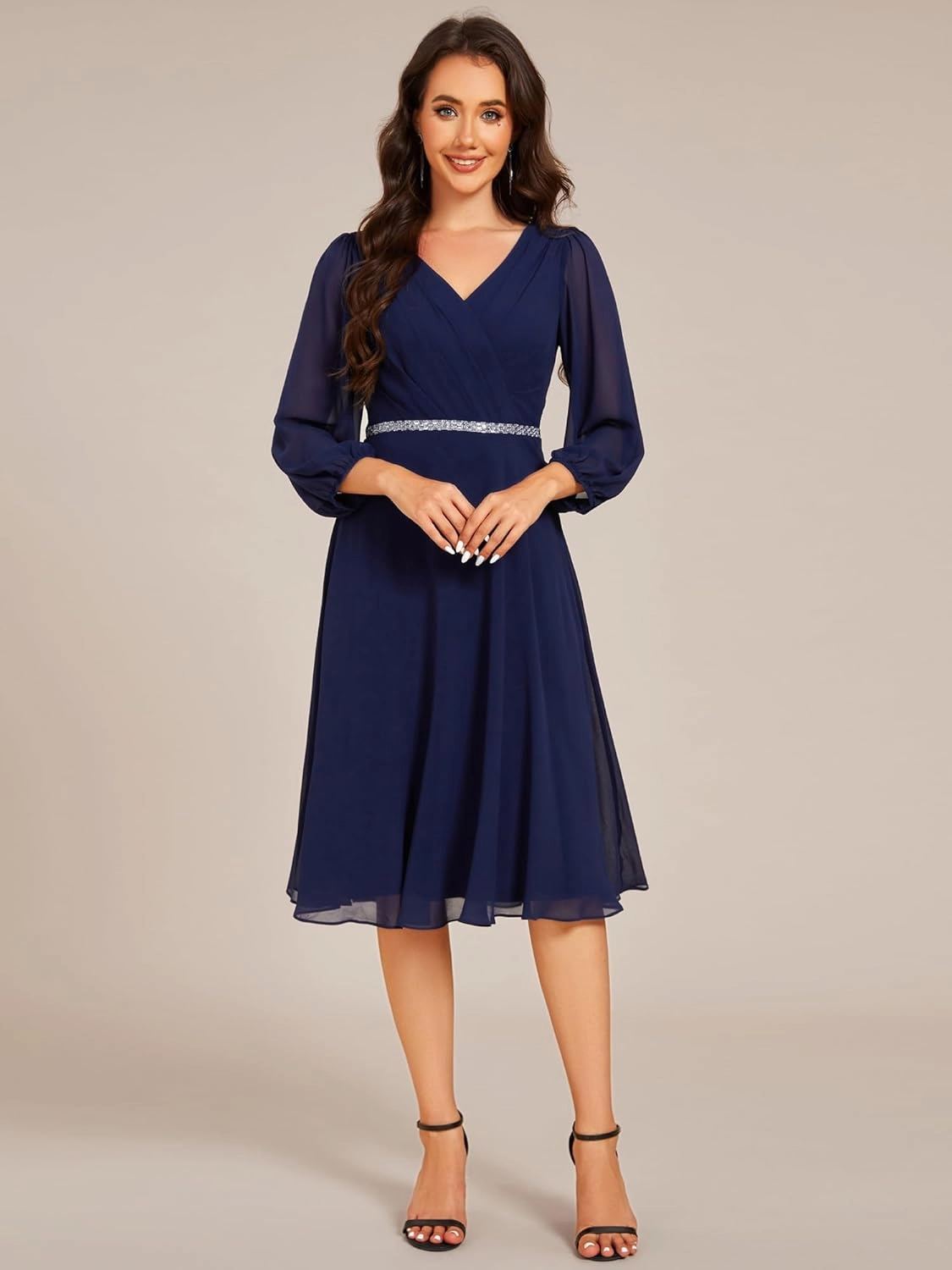 Ever-Pretty Women's V Neck Chiffon Beading Pleated Midi Length Long Sleeves Formal Wedding Guest Dresses 31981