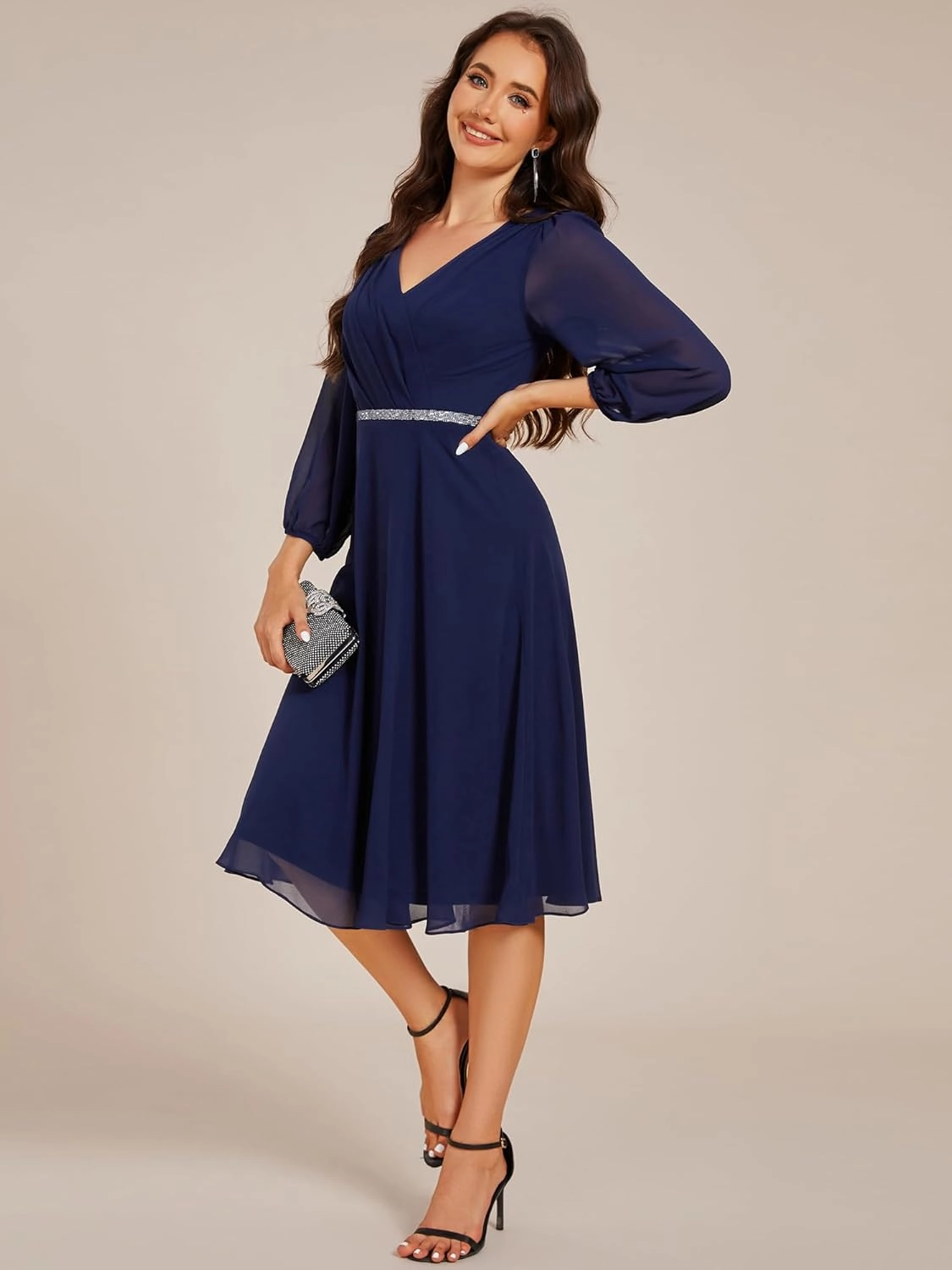 Ever-Pretty Women's V Neck Chiffon Beading Pleated Midi Length Long Sleeves Formal Wedding Guest Dresses 31981
