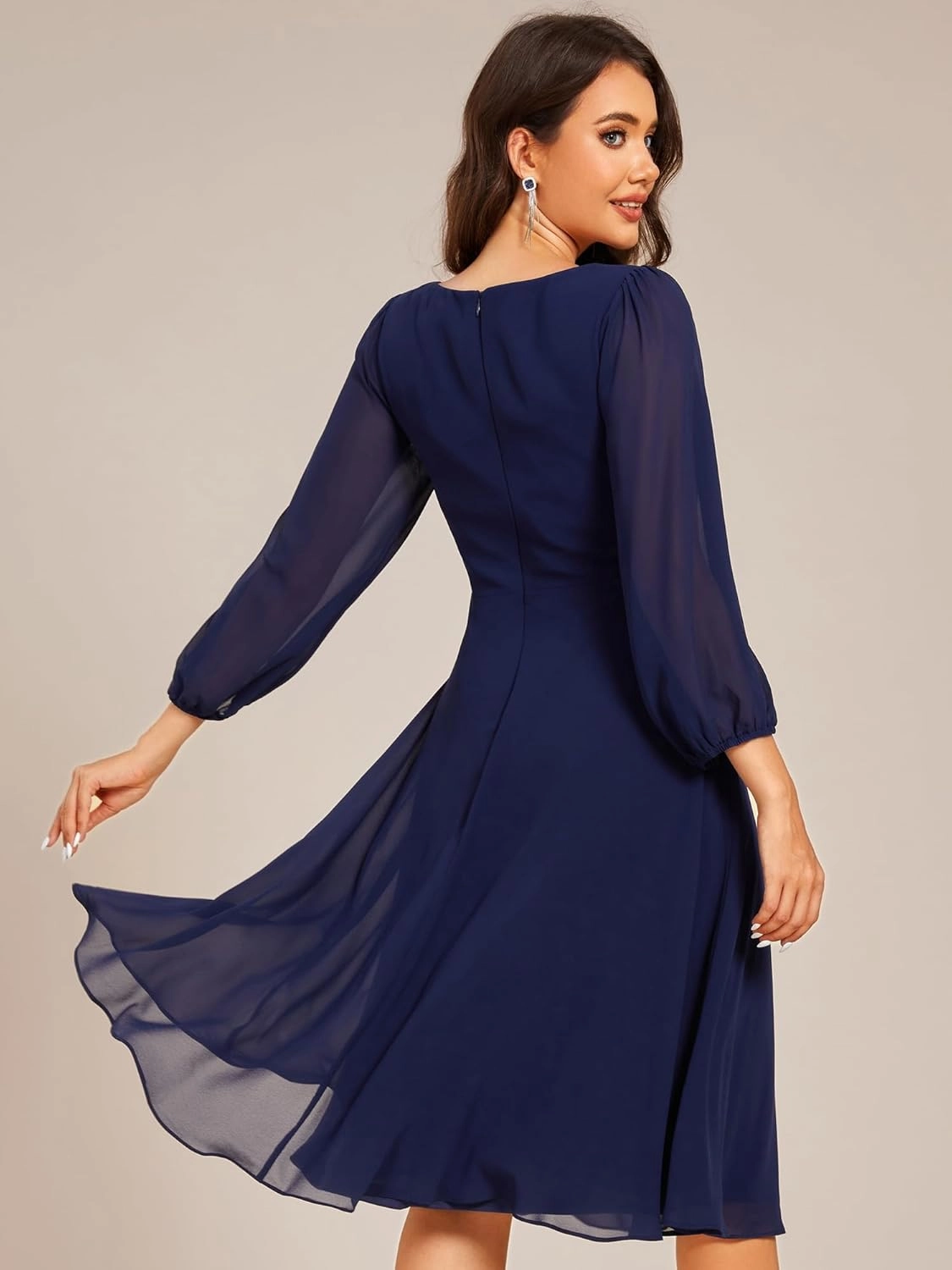 Ever-Pretty Women's V Neck Chiffon Beading Pleated Midi Length Long Sleeves Formal Wedding Guest Dresses 31981