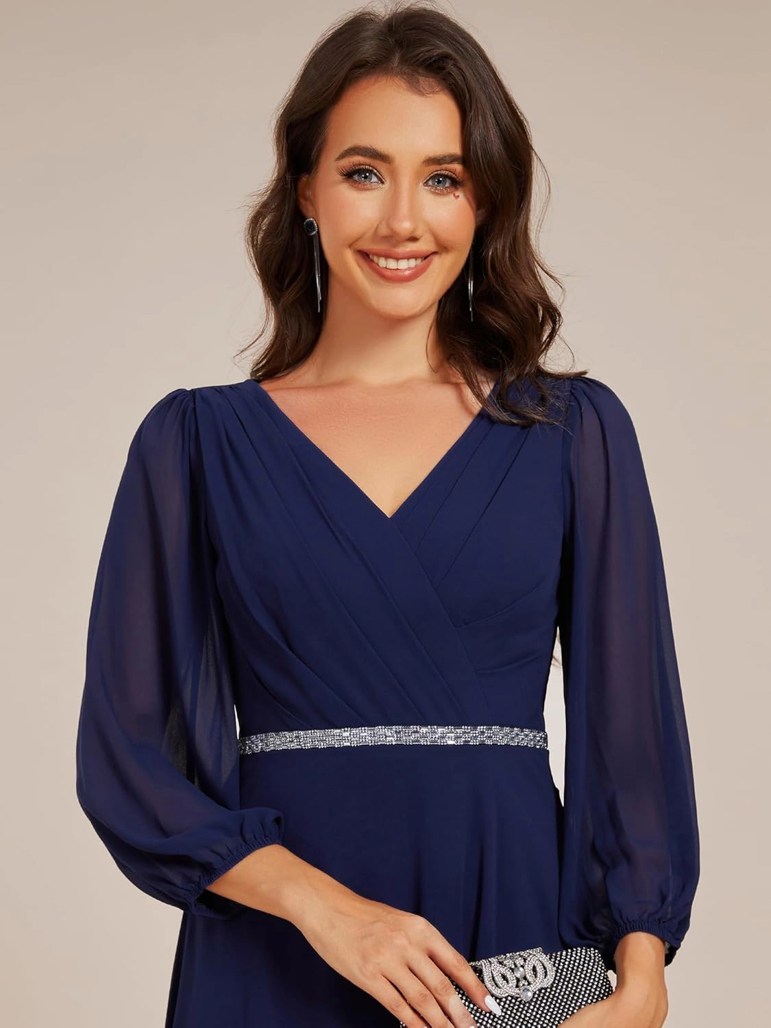 Ever-Pretty Women's V Neck Chiffon Beading Pleated Midi Length Long Sleeves Formal Wedding Guest Dresses 31981