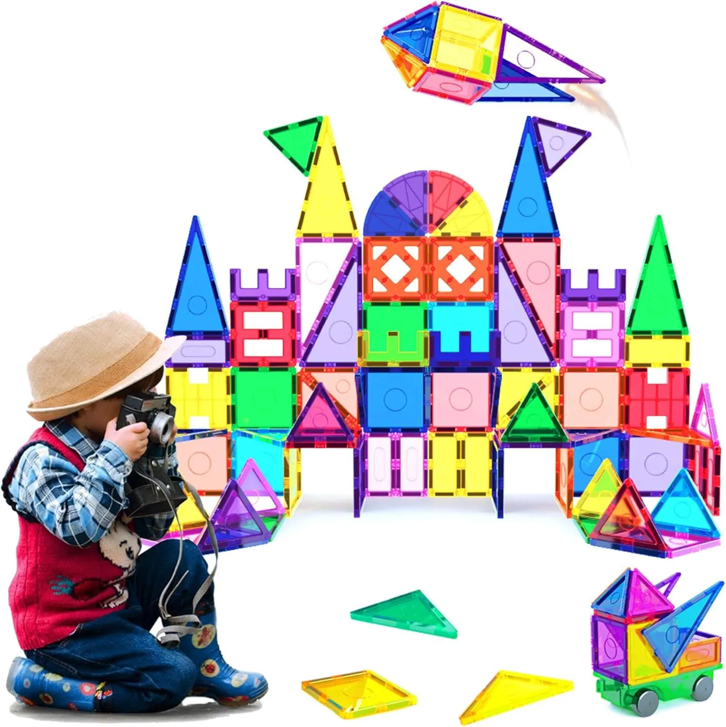 Everplay 110 pc Magnetic Tiles with Car Set, Building Blocks Toys STEAM Educational Learning Magnet Toy Preschool Montessori Boys & Girls Smart Creative Kit Games Gifts for Age 3  Kids Toddlers