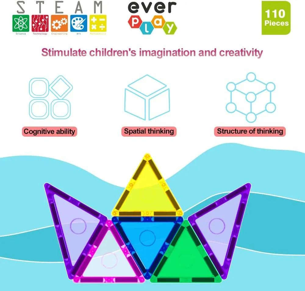 Everplay 110 pc Magnetic Tiles with Car Set, Building Blocks Toys STEAM Educational Learning Magnet Toy Preschool Montessori Boys & Girls Smart Creative Kit Games Gifts for Age 3  Kids Toddlers