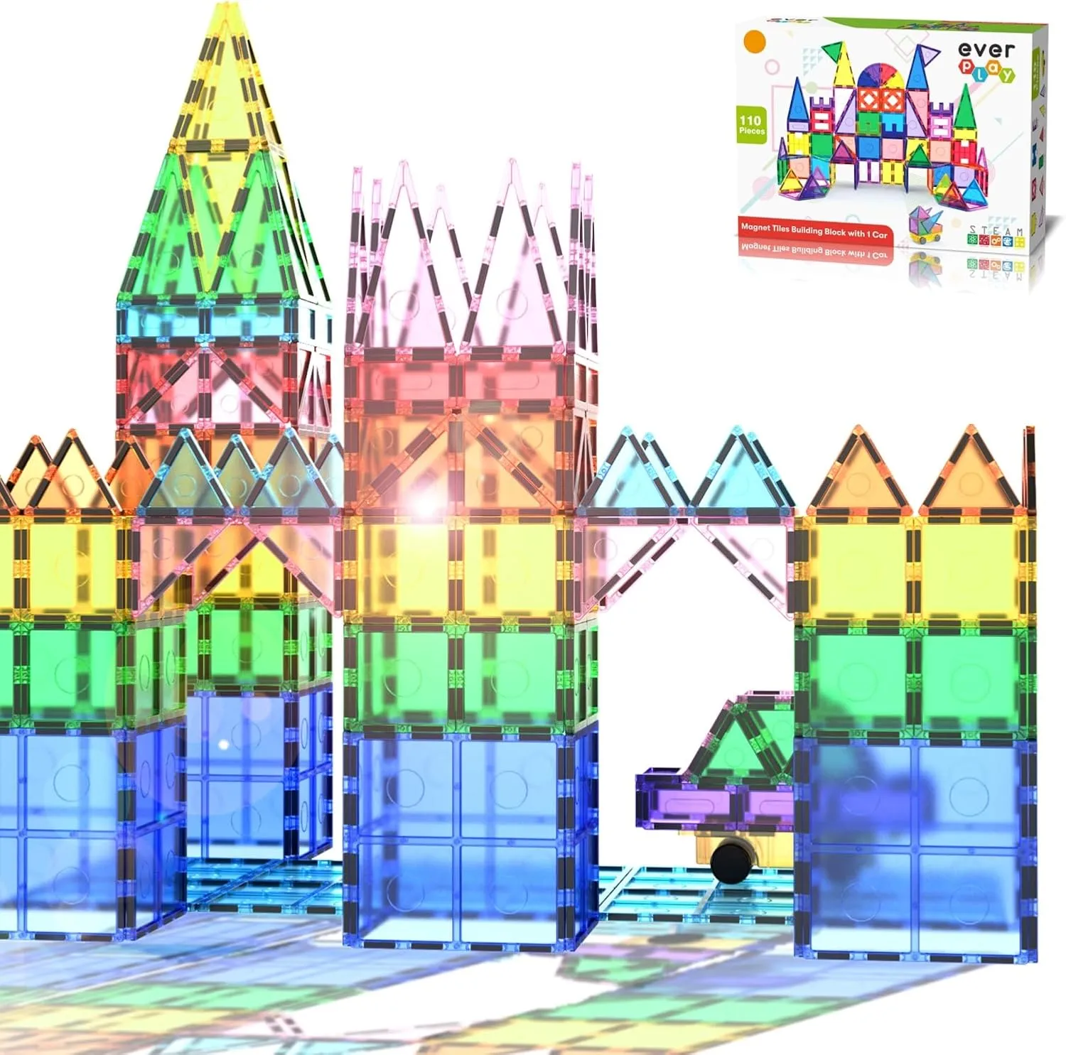 Everplay 110 pc Magnetic Tiles with Car Set, Building Blocks Toys STEAM Educational Learning Magnet Toy Preschool Montessori Boys & Girls Smart Creative Kit Games Gifts for Age 3  Kids Toddlers