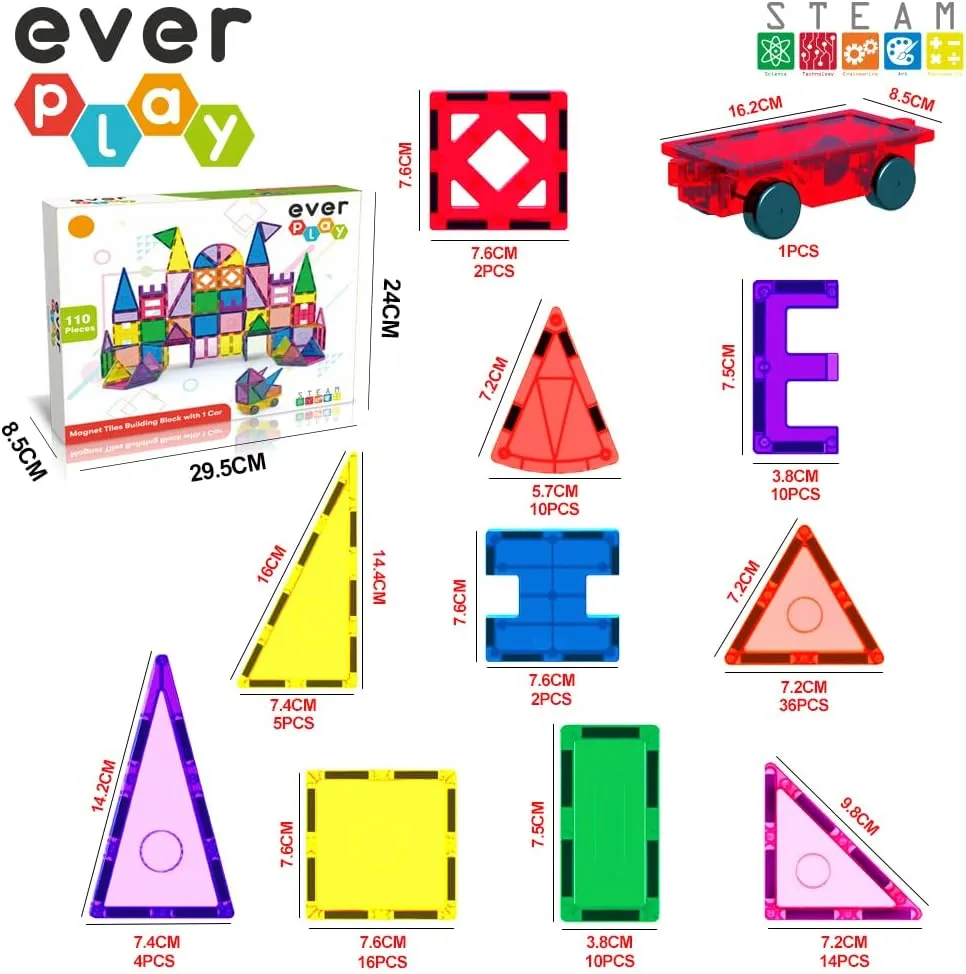Everplay 110 pc Magnetic Tiles with Car Set, Building Blocks Toys STEAM Educational Learning Magnet Toy Preschool Montessori Boys & Girls Smart Creative Kit Games Gifts for Age 3  Kids Toddlers
