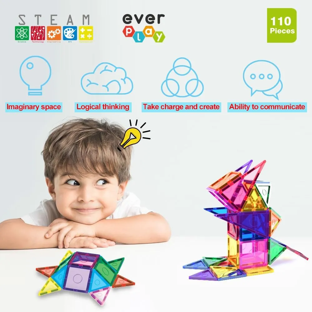 Everplay 110 pc Magnetic Tiles with Car Set, Building Blocks Toys STEAM Educational Learning Magnet Toy Preschool Montessori Boys & Girls Smart Creative Kit Games Gifts for Age 3  Kids Toddlers