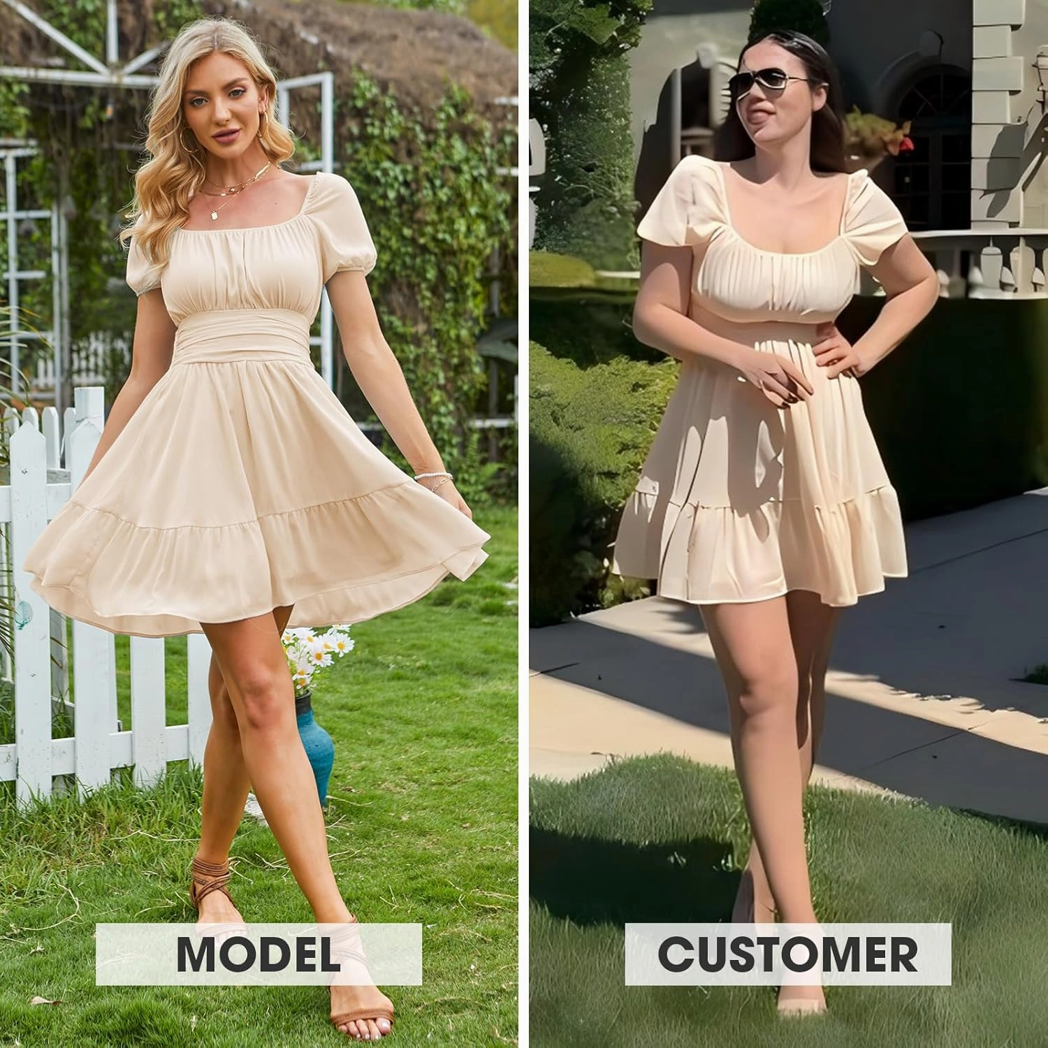 EXLURA Women's 2025 Summer Short Puff Sleeve Casual Short Mini Dresses Tie Back Square Neck A-Line Sundress