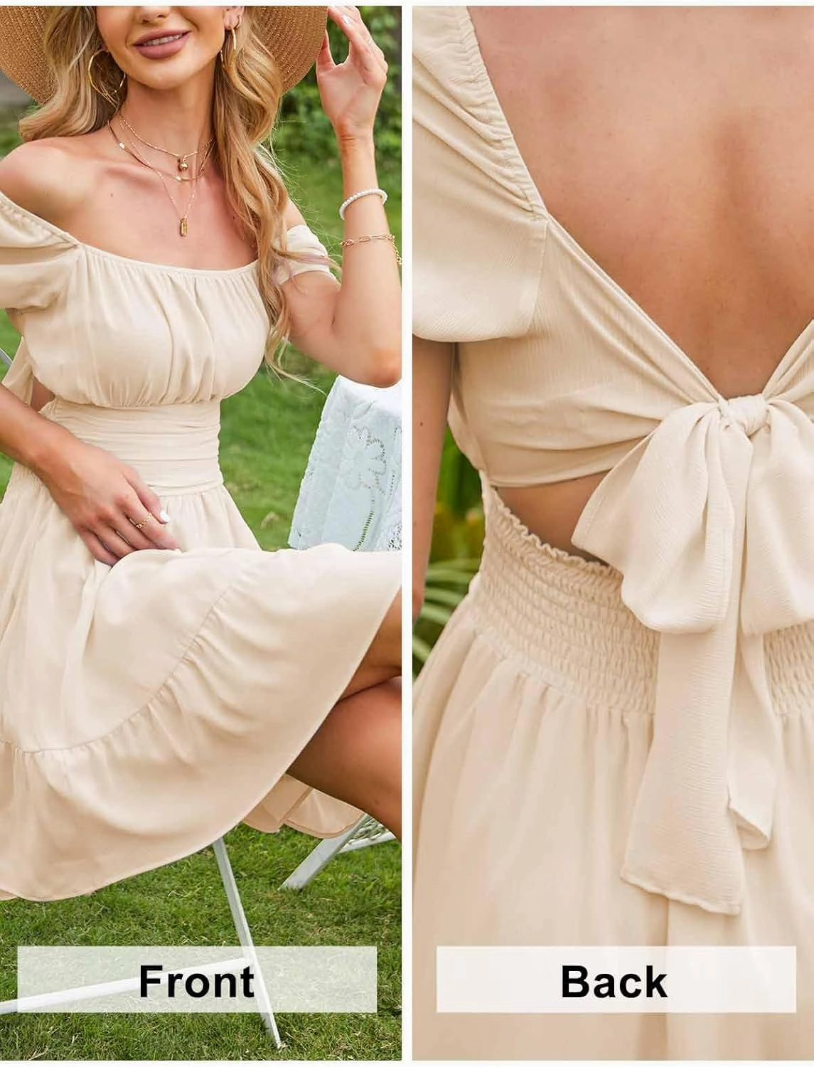 EXLURA Women's 2025 Summer Short Puff Sleeve Casual Short Mini Dresses Tie Back Square Neck A-Line Sundress