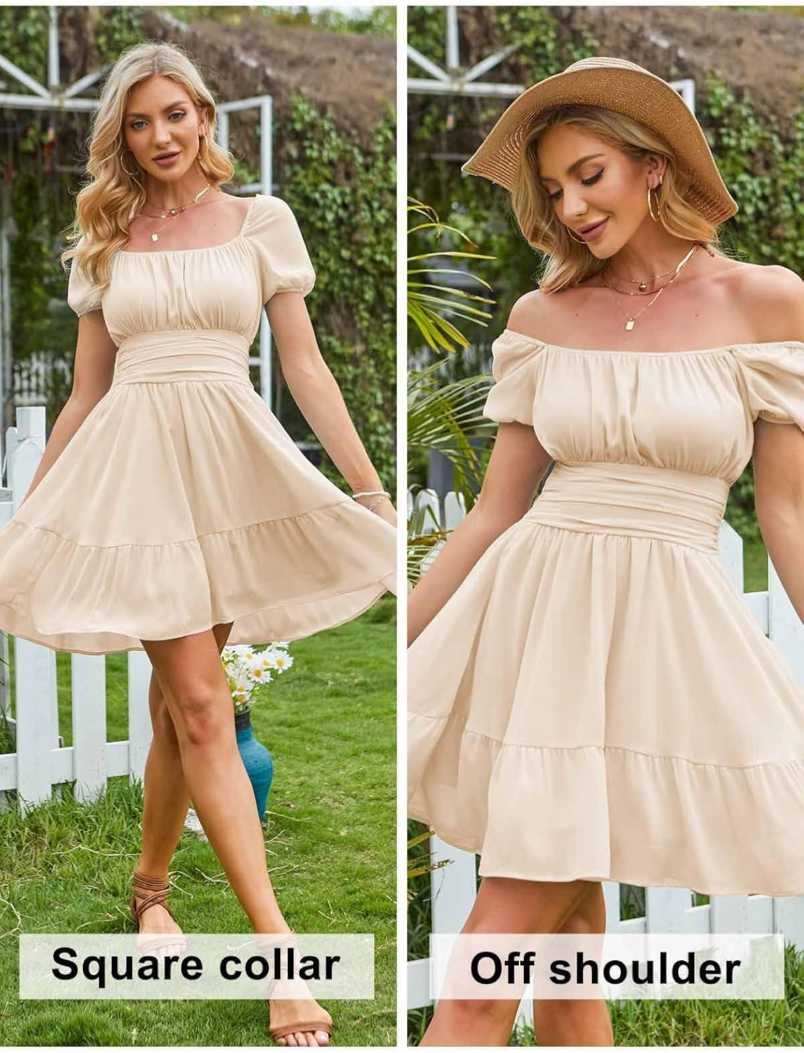 EXLURA Women's 2025 Summer Short Puff Sleeve Casual Short Mini Dresses Tie Back Square Neck A-Line Sundress