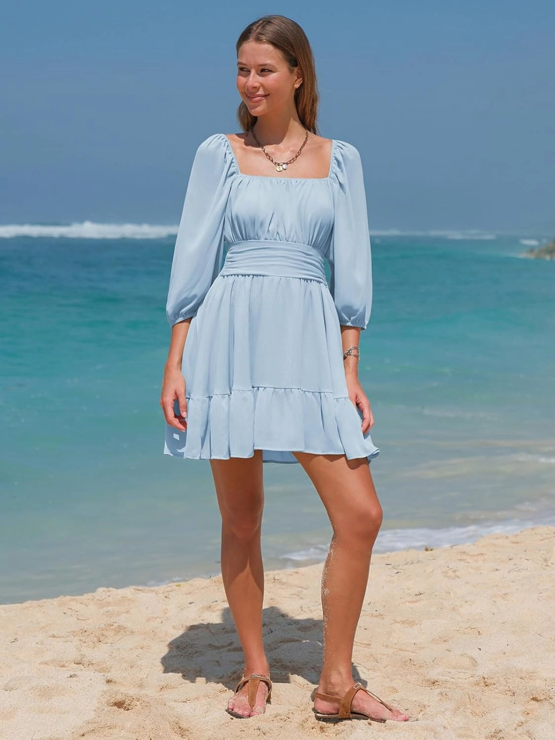 EXLURA Women's Lantern Sleeve Tie Back Summer Dress Ruffled Off Shoulder A-Line Vintage Mini Dress