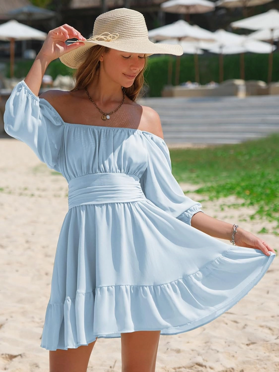 EXLURA Women's Lantern Sleeve Tie Back Summer Dress Ruffled Off Shoulder A-Line Vintage Mini Dress