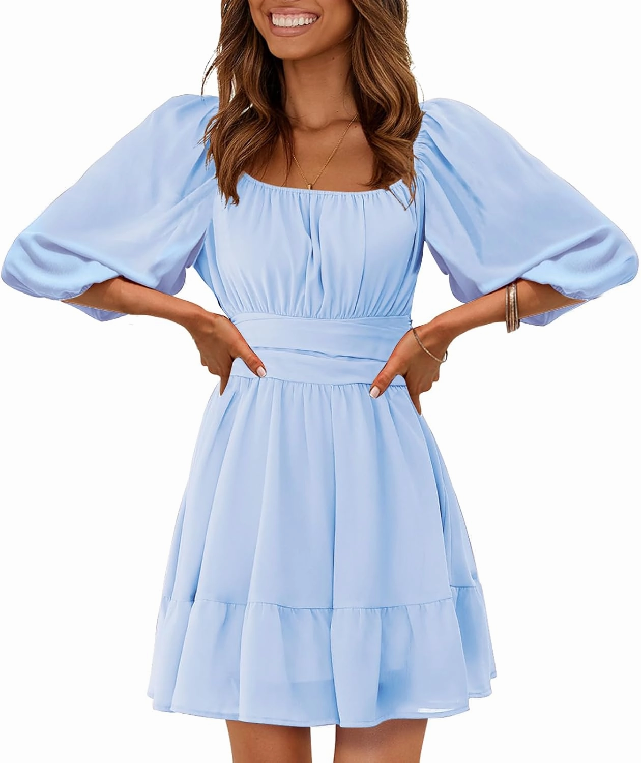 EXLURA Women's Lantern Sleeve Tie Back Summer Dress Ruffled Off Shoulder A-Line Vintage Mini Dress
